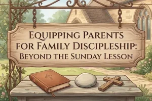 An illustrated 900x300 website banner in a warm classroom setting. The central plaque reads "Equipping Parents for Family Discipleship: Beyond the Sunday Lesson."
