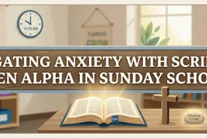 An illustrated 900x300 banner for a Sunday School article titled "Navigating Anxiety with Scripture: Gen Alpha in Sunday School."