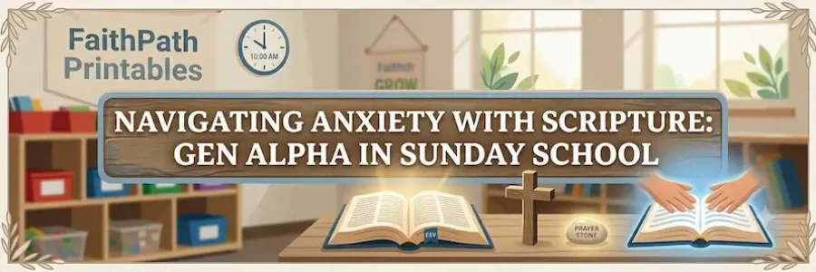An illustrated 900x300 banner for a Sunday School article titled "Navigating Anxiety with Scripture: Gen Alpha in Sunday School."